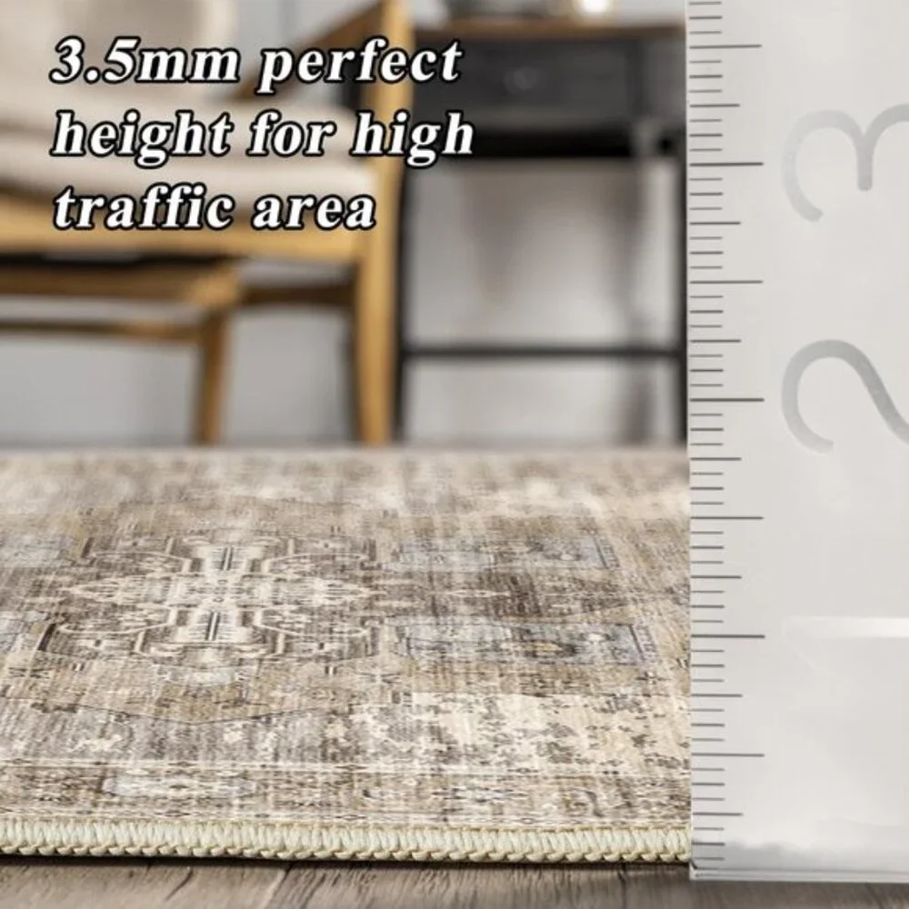 New 4x6 Beige Washable Area Rug, Vintage Non-Slip Carpet for Home & Room Decor